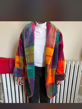 Multicolor Plush Plaid Coat - Women's Statement Jacket